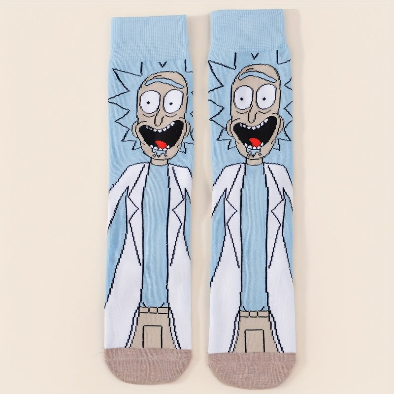 Chaussettes avec Rick Sanchez qui a un grand sourire avec sa blouse blanche et un fond bleu ciel
