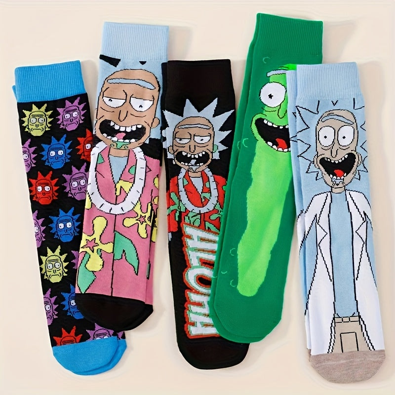 Pack de cinq paires de chaussettes colorées Rick et Morty avec différents personnages et motifs, accessoire fun pour fans de la série.